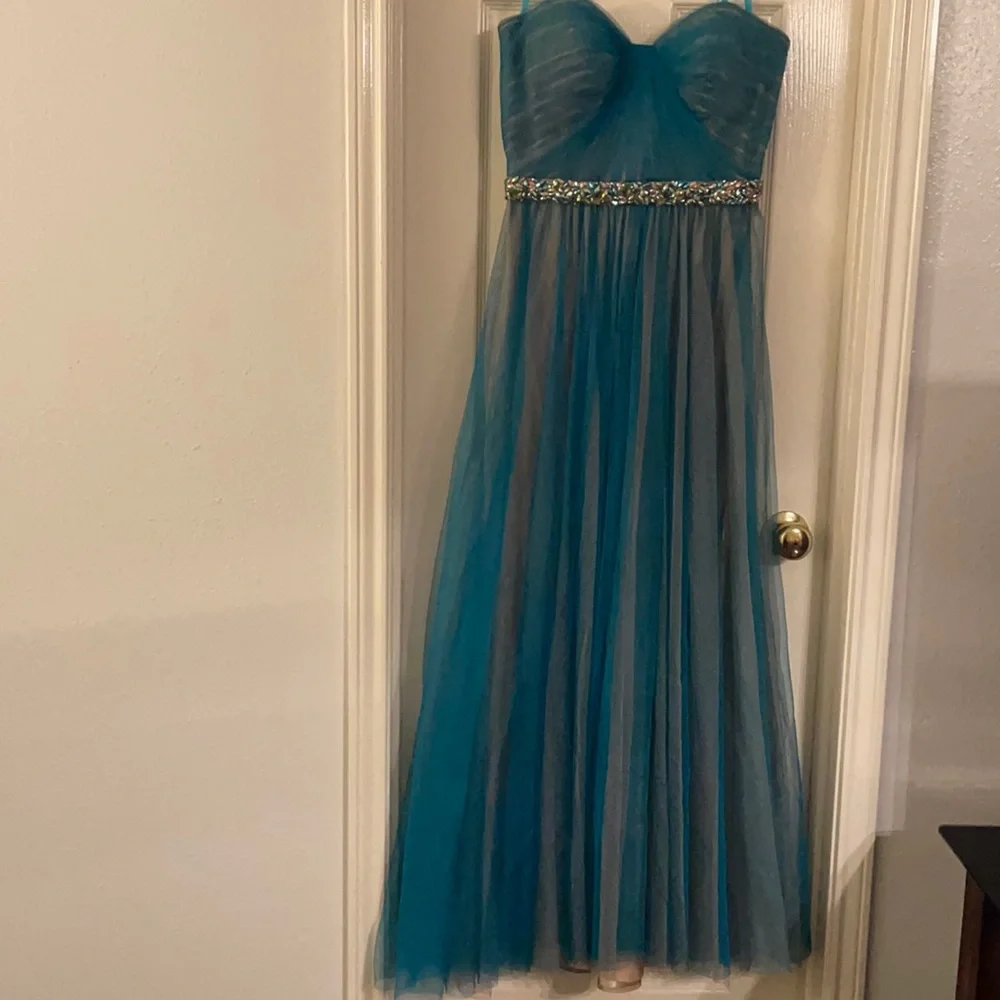 Cache teal and tan tulle cocktail prom dress - Picture 2 of 15
